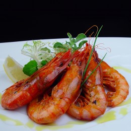 Gambas a la plancha con aceite de ajo y limón y ficoide glacial